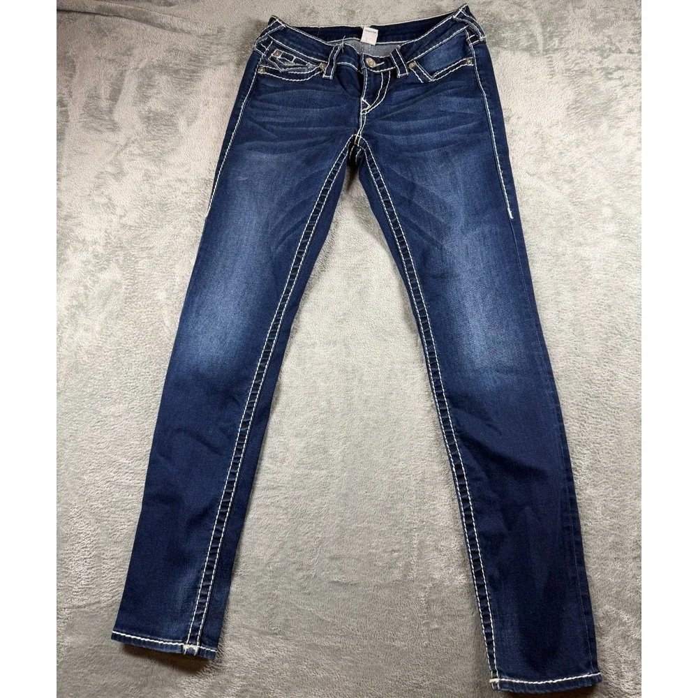 True Religion Womens 27 Skinny Jeans Dark Wash White Super T Stitch Y2K Flap